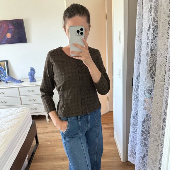 Maiwa 100% Organic Cotton Button Up Blouse Pleated Waist Detail Brown Artsy S - Picture 2 of 10